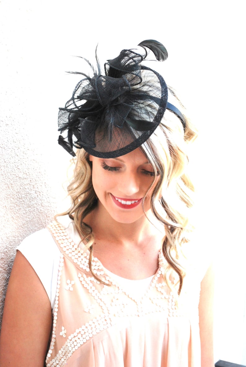 Black Fascinator on headband, Style:The Kenni Tea Party Hat, Derby Hat, Church Hat, Kentucky Derby, Fancy Hat, Tea Party Hat, wedding hat image 3