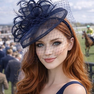 Navy Blue Fascinator with Veil on comfortable headband Ketucky Derby Hat. Tea Party Hat Kentucky Derby fascinator hat with veil
