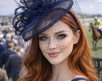 Navy Blue Fascinator with Veil on comfortable headband Ketucky Derby Hat. Tea Party Hat Kentucky Derby fascinator hat with veil