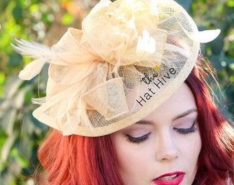 Champagne Gold Fascinator on headband, Kentucky Derby hat, Womens Tea Party Hat, Church Easter Hat gift idea for bridal shower tea party