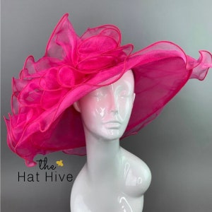 Fuchsia Pink Organza Ruffle Hat, Adjustable Hat, Church hat, High Tea Party Hat, Formal Hat, Derby Hat, Wedding Hat, Big Pink Hat