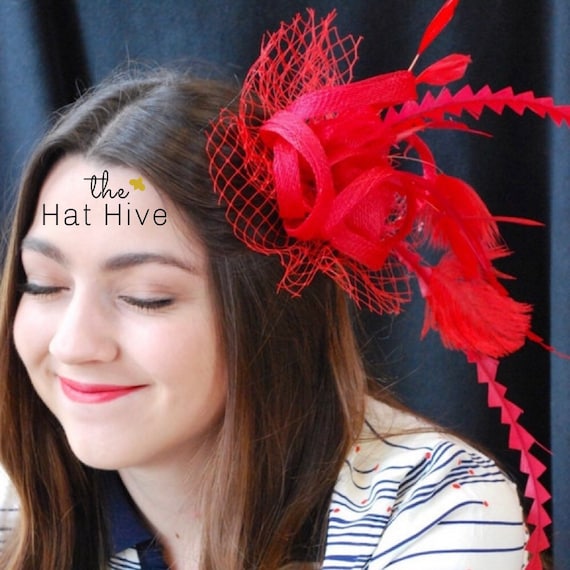 Kentucky Derby Red Sinamay Fascinator Hat – Elegant Bow Headpiece Red Sinamay Kentucky Derby Fascinator(m6): Bow, Beads  main image 4