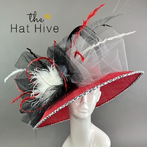 Red Black & White Derby Hat Church hat Tea Party Hat Large hat Kentucky Derby Hat for women  Wide Brim hat formal event headpiece for women