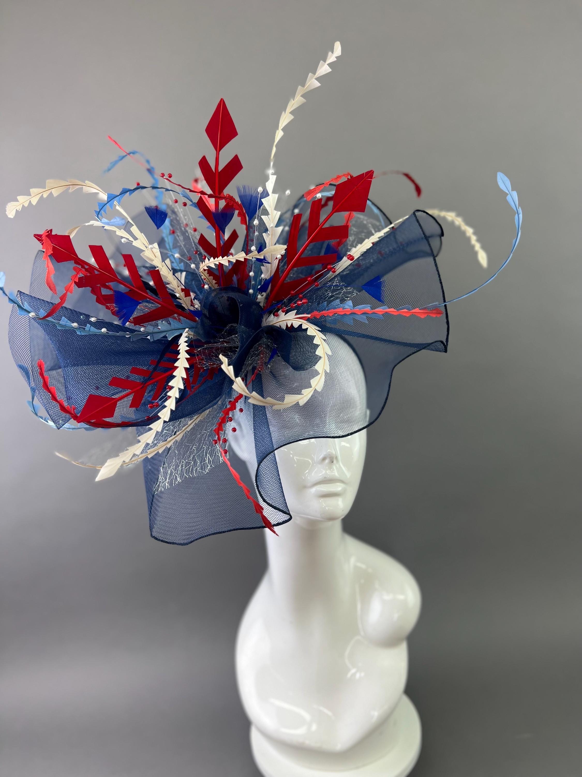 Red White and Blue Fascinator Couture Kentucky Derby Hat  display picture 1