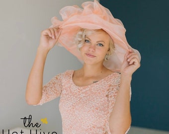 Peach organza hat Kentucky Derby Hat for Women Southern Belle Hat for Garden Tea Party Event wedding guest hat for Easter and church hat