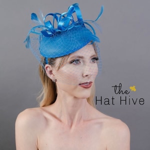 Blue Fascinator with veil attaches with matching satin headband, Women's Tea Party Hat, Church Hat, Derby Hat, Fancy Hat, Blue Hat,