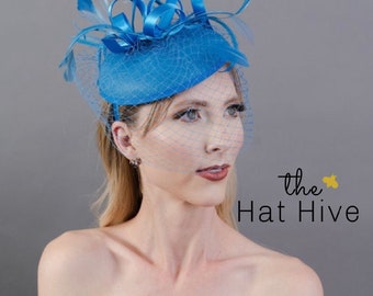 Blue Fascinator with veil attaches with matching satin headband, Women's Tea Party Hat, Church Hat, Derby Hat, Fancy Hat, Blue Hat,