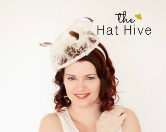 Cheetah Ivory Fascinator on headband, Women's Tea Party Hat, Church Hat, Derby Hat, Fancy Hat, ivory Hat, Tea Party Hat, wedding hat