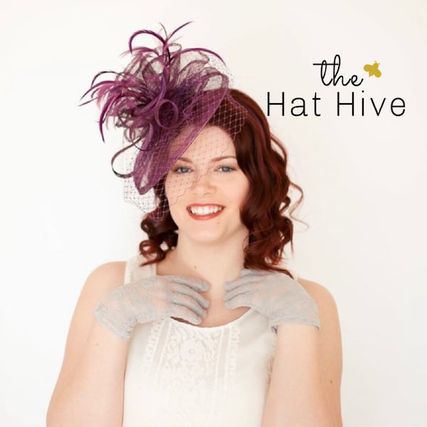 Purple Fascinator with Veil, Tea Party Hat, Kentucky Derby Hat, Fancy Hat, British Hat, Wedding Fascinator, women's hat, the brynlee