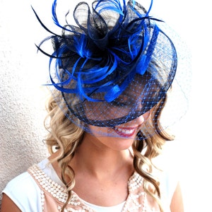 Royal Blue & Navy Fascinator, Womens Tea Party Hat, Hat with Veil, Kentucky Derby Hat, Fancy Hat, Tea Party Hat, wedding hat, British Hat