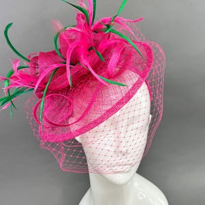 Fuchsia pink and green Fascinator tea party hat with veil Kentucky derby hat ladies church Fascinator hat womens Kentucky derby hat headband