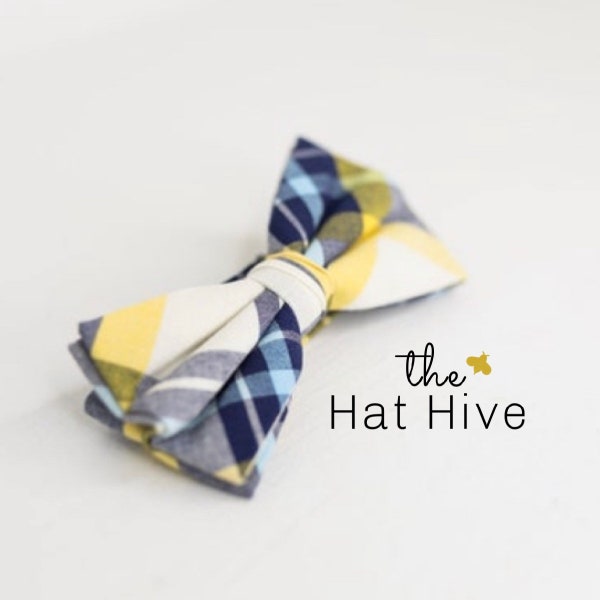 Multicolor Plaid Bow Tie, Yellow, Navy, White, multi color, kentucky derby tie, mens tie, mens derby tie, kerchief, Church Tie