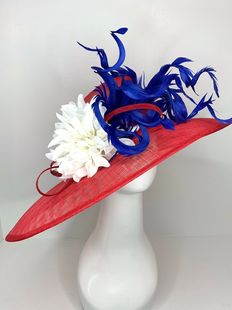 Red White Blue Kentucky Derby Hat, Tea Party Hat, Red Hat, Formal Hat