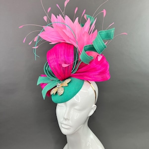 fascinator hat for Women Kentucky derby fascinator hat for Wedding Guest high tea party hat fuchsia pink mint feather headband fascinator
