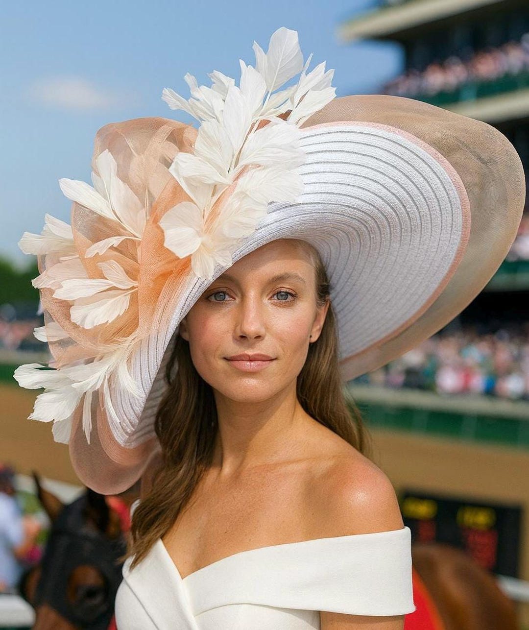 White and Peach Kentucky Derby Hat, Ladies Formal Hat  display picture 1