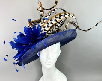 Navy Flipped Brim Hat With Lady Amherst Feathers on Designer  display picture 3