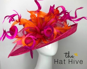 Fuchsia Pink & orange ombre feathers Kentucky Derby Hat, Church hat, Tea Party Hat, Blue Hat, Formal Hat, Fashion Hat, couture derby hat