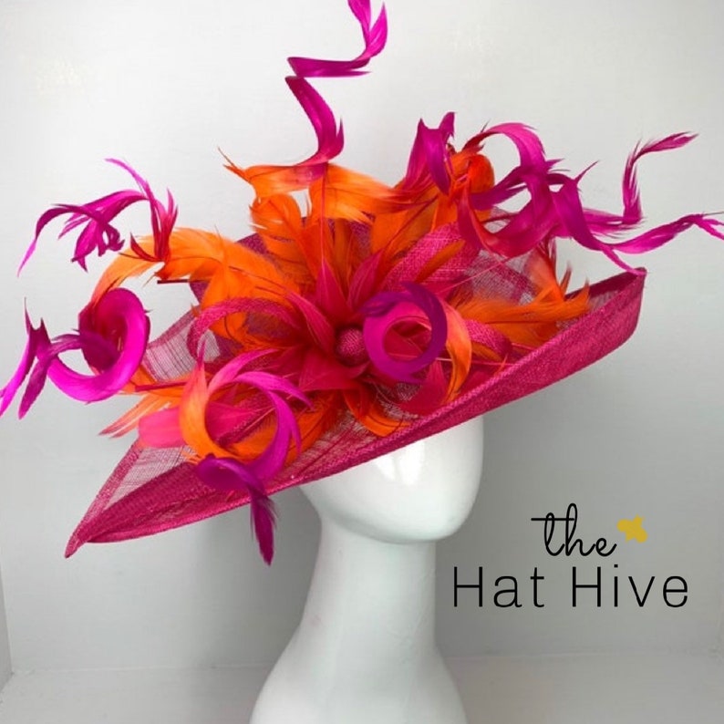 Fuchsia Pink & orange ombre feathers Kentucky Derby Hat, Church hat, Tea Party Hat, Blue Hat, Formal Hat, Fashion Hat 