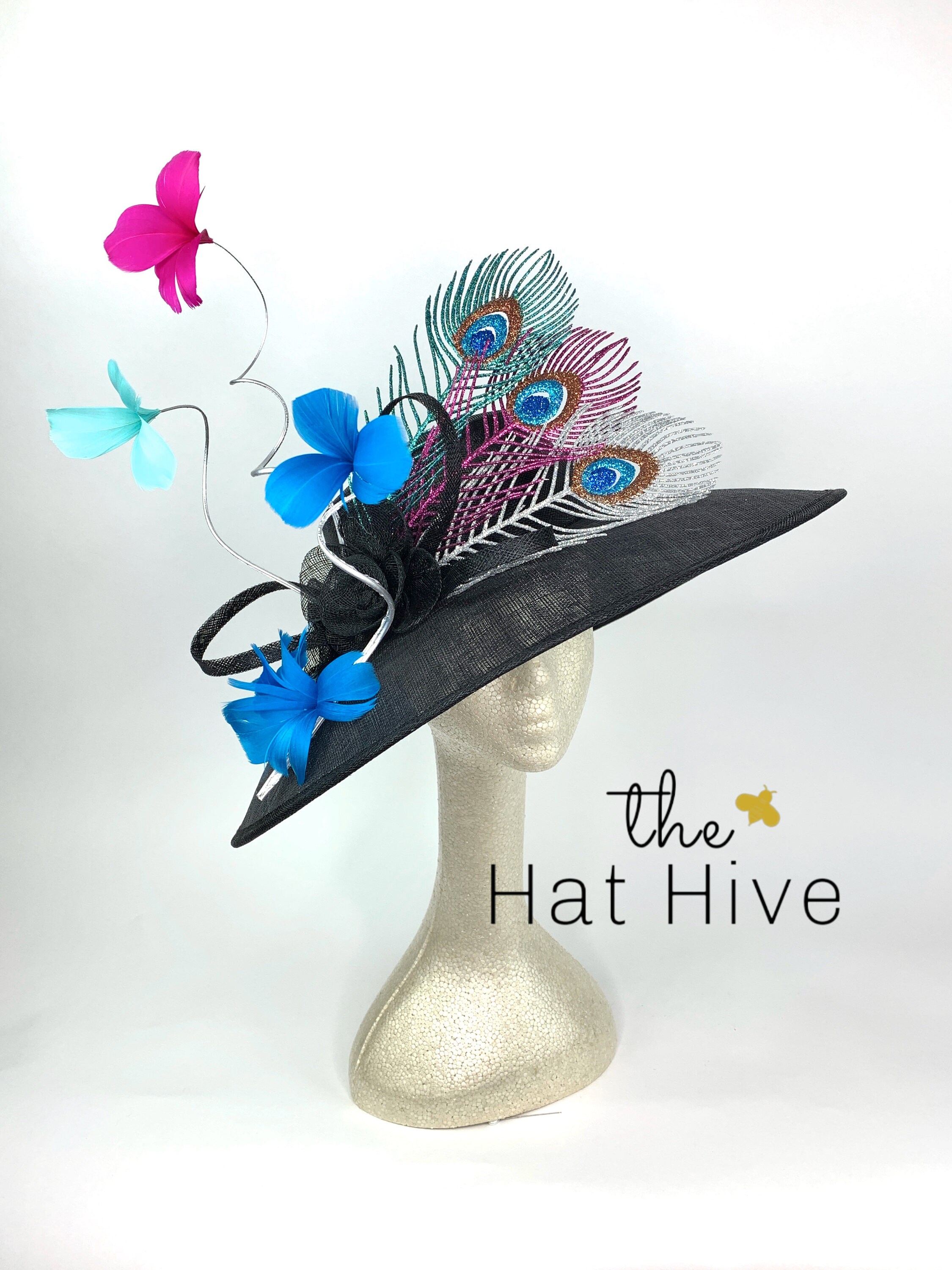 Black Derby Hat with Metallic Peacock Feathers, Tea Party Hat, Black and Royal Blue Hat, Tea Party Hat, Fashion Hat,