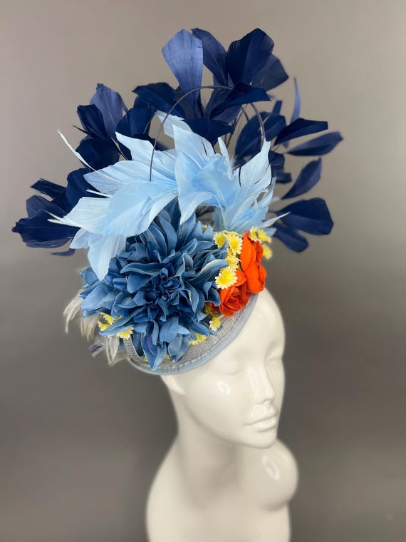Blue Orange and Yellow Fascinator Womens Tea Party Hat  display picture 1