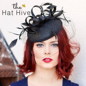 Black Fascinator hat with veil tea party vintage formal headpiece for vintage event wedding fascinator funeral hat with veil and feathers