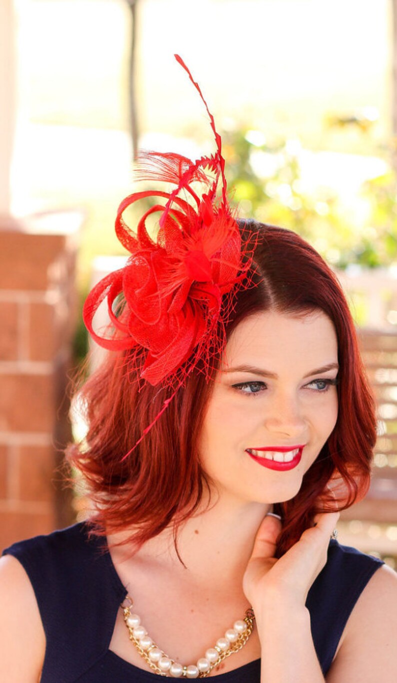 Red Fascinator Womens Tea Party Hat Church Hat Derby Hat Etsy