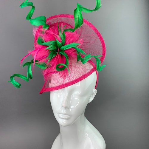 Fuschia and Kelly Green shops Fascinator, on headband, Womens Tea Party Hat, Church Hat, Derby Hat, Fancy Hat, Bachelorette Hat, Tea Party Hat,