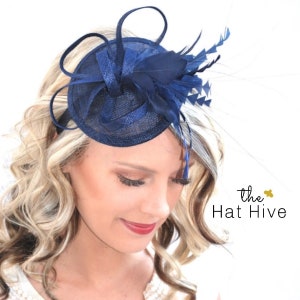 Navy Blue Fascinator on headband, “The Haleigh” Tea Party Hat, Church Hat, Derby Hat, Fancy Hat, Navy Blue Hat, Women’s tea hat, wedding hat