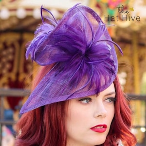 Purple Sinamay Fascinator Hat: Feathered Tea Party Headpiece