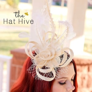 Tocado de marfil con peineta para el cabello, sombrero para fiesta de té de mujer, sombrero para iglesia, sombrero Kentucky Derby, sombrero elegante, sombrero formal blanco, sombrero para invitada de boda.