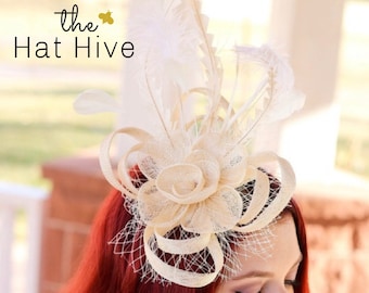 The Ellie Ivory Fascinator, Women's Tea Party Hat, Church Hat, Derby Hat, Fancy Hat, White Formal Hat, Tea Party Hat, wedding hat