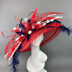 Kentucky Derby Hat Red/White/Blue Bright Red, White & Blue Opening Day, Church, Derby Hat With  main image 3