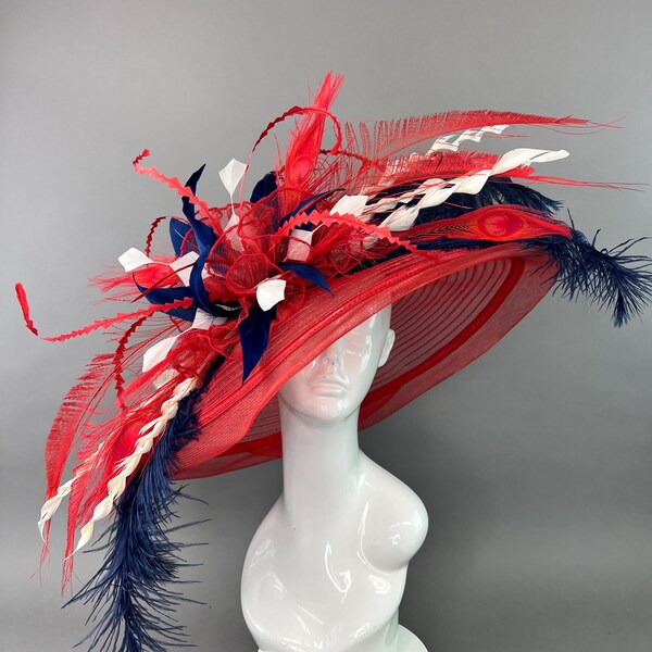 Red white and blue hat, pateiot Kentucky Derby Hat, Womens Tea Party Hat, Derby Hat, Fancy Hat, Tea Party Hat, wedding hat, red designer hat