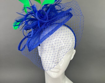 Royal Blue and Kelly Green Fascinator on headband, Tea Party Hat, Church Hat, Derby Hat, Fancy Hat, High Tea Hat, wedding hat, women's hat