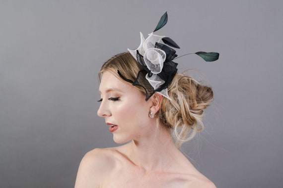 Elegant Black & White Fascinator on Hair Comb for the 