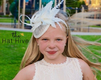 Girl's Ivory Fascinator on standard headband for ages 2 and older, Girl's Tea Party Hat, Church Hat, Kentucky Derby Hat, flower girl hat