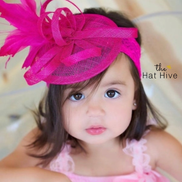 Toddler Fascinator, Baby Little Girl's Fascinator on lace elastic headband, Tea Party Hat, Church Hat, Kentucky Derby Hat, Pink Hat,