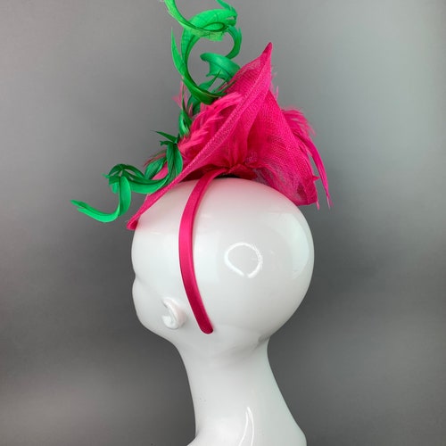 Fuschia and Kelly Green shops Fascinator, on headband, Womens Tea Party Hat, Church Hat, Derby Hat, Fancy Hat, Bachelorette Hat, Tea Party Hat,