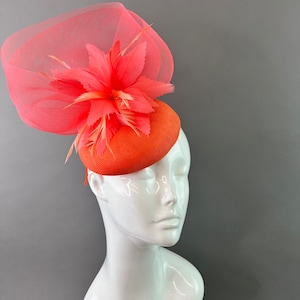 Coral pink Fascinator, headband and clip option, crinoline fascinator, Bridal hat, Womens Hat, Tea Party Hat, Church Hat, Fancy Hat,