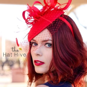 Red Fascinator with Veil on headband Tea Party hat for garden party fascinator Kentucky Derby red hat for Cocktail party baby shower hat
