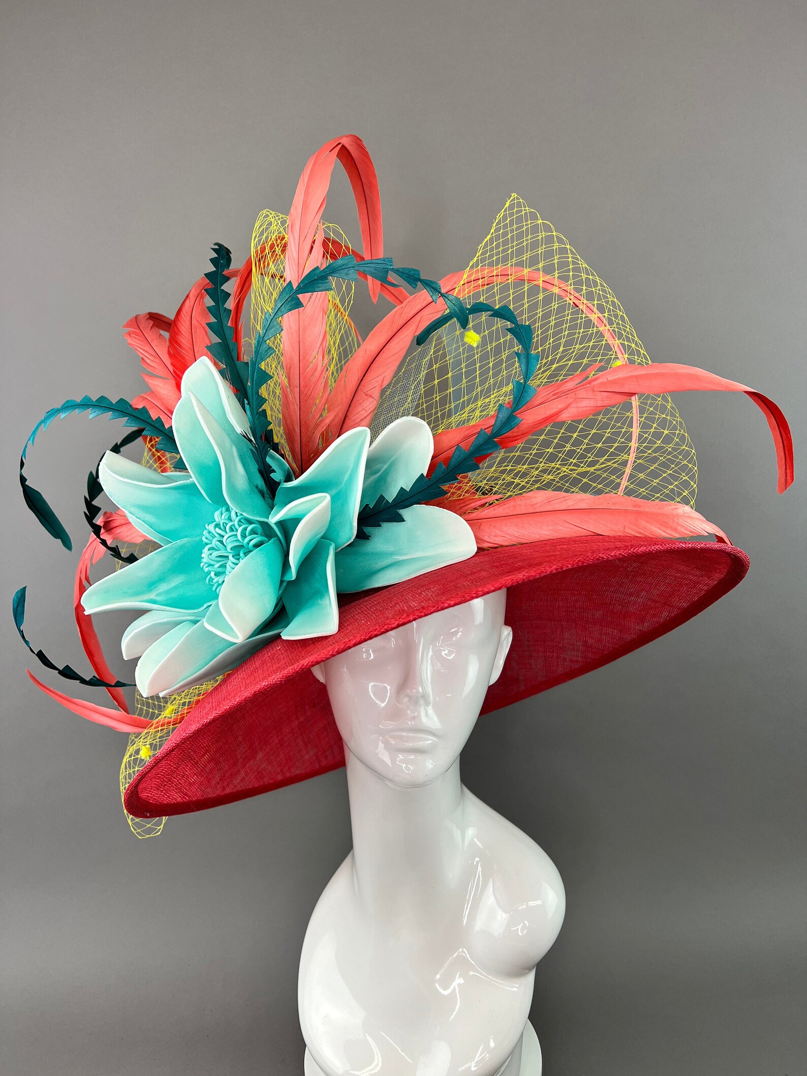 Red Round Brim Kentucky Derby Hat With Turquoise Flower - Etsy
