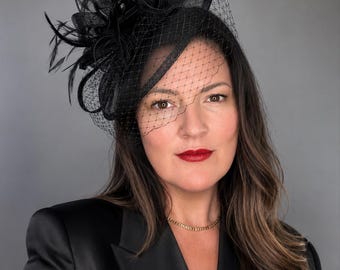 Black Fascinator veil Hat for Women formal black hat for Kentucky Derby Races Cocktail Headpiece Formal Event Headband funeral hat with veil