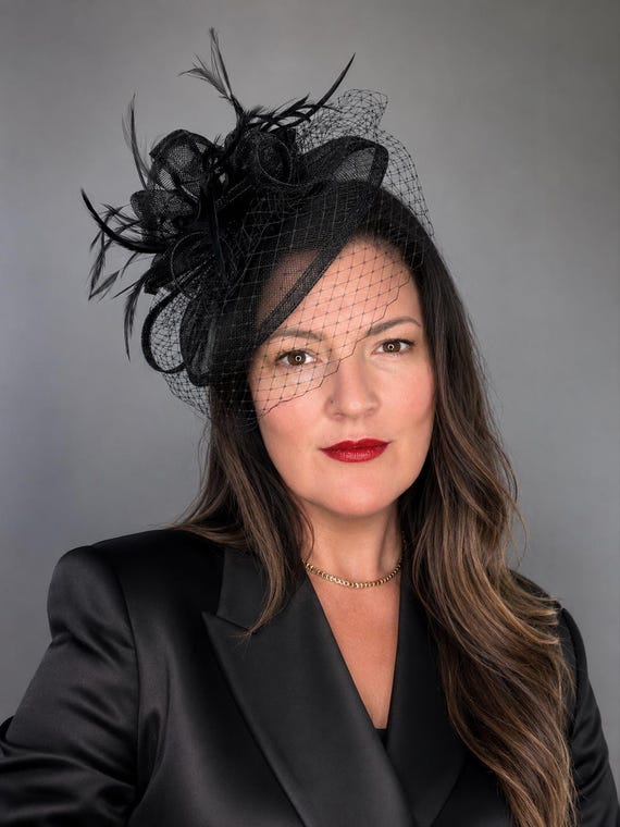 Black Fascinator veil Hat for Women formal black hat for Kentucky Derby Races Cocktail Headpiece Formal Event Headband funeral hat with veil