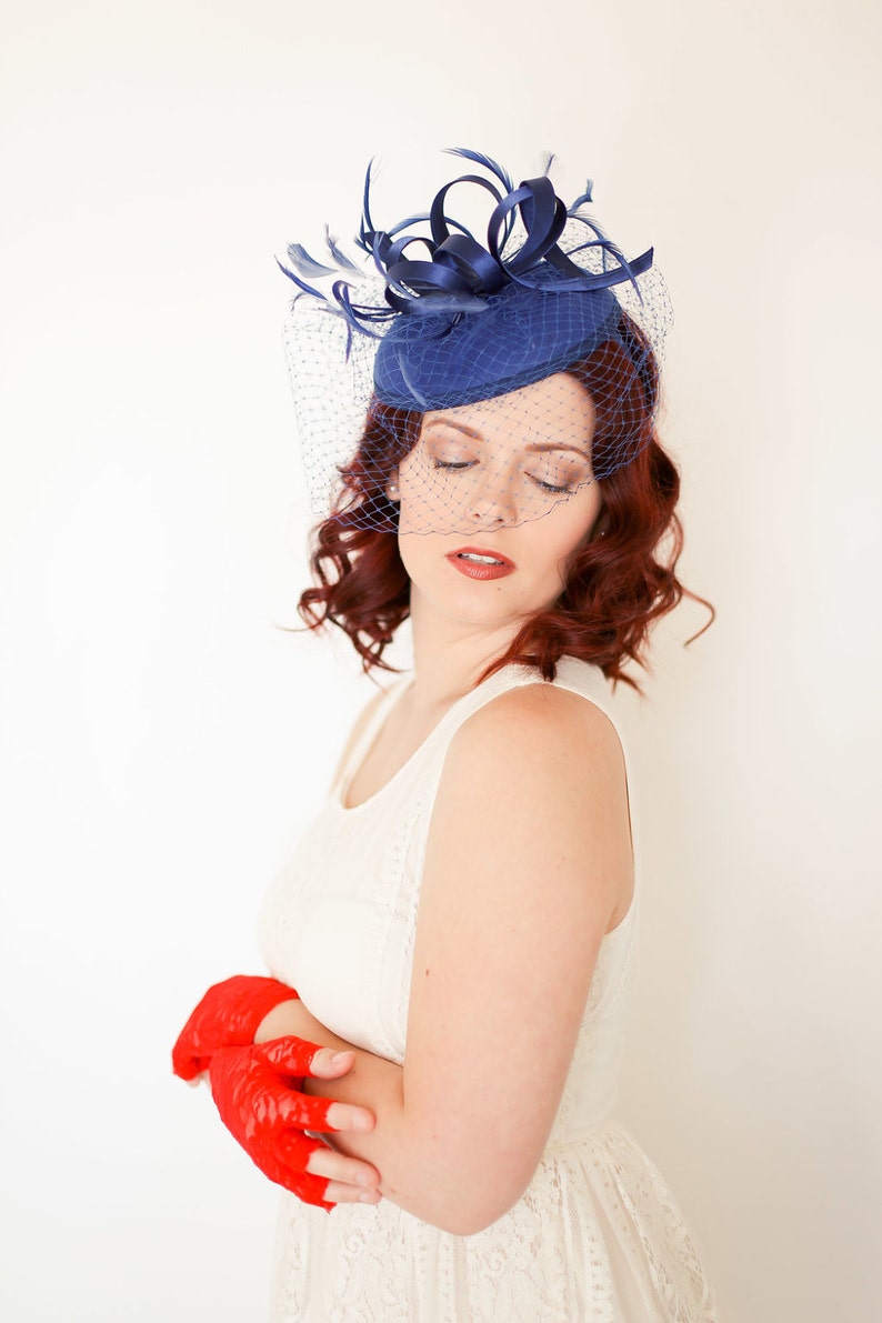 Church Hat Ivory Hat Fancy Hat Navy Blue Fascinator with Veil Derby Hat British Hat wedding hat Womens Tea Party Hat
