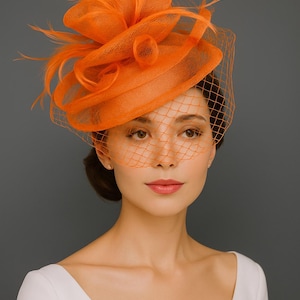 Orange Fascinator Kentucky derby hat with Veil for Women Tea Party Bridal Shower Cocktail Event Church Formal High Society Occasion headpiec