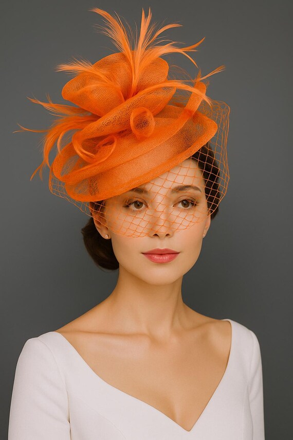 Orange Fascinator Kentucky Derby Hat With Veil for Women Tea  display picture 1