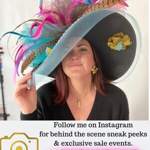 May include: A wide-brimmed black hat featuring a decorative arrangement of pink, blue, and brown patterned feathers, layered with pink and blue tulle netting. A gold-colored floral embellishment is attached to the side of the black brim.