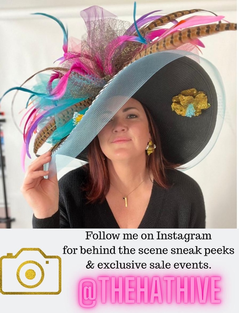 May include: A wide-brimmed black hat featuring a decorative arrangement of pink, blue, and brown patterned feathers, layered with pink and blue tulle netting. A gold-colored floral embellishment is attached to the side of the black brim.