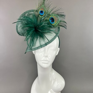 dark Emerald Green peacock Fascinator on headband, Kentucky Derby Hay, Women's Hat, Tea Party Hat, Church Hat, Fancy Hat, Green Hat,
