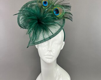 dark Emerald Green peacock Fascinator on headband, Kentucky Derby Hay, Women's Hat, Tea Party Hat, Church Hat, Fancy Hat, Green Hat,